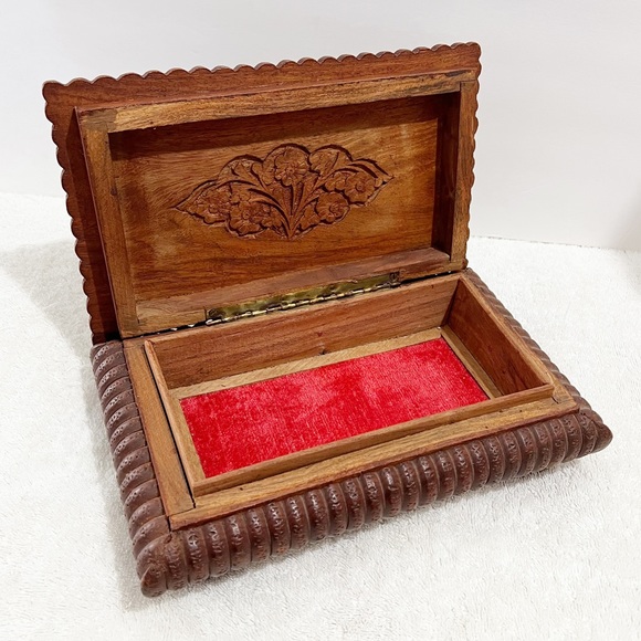 Wood Hand Craved Leaf Print Storage Box Junk Journal Supply Boho Organizer - Picture 2 of 13